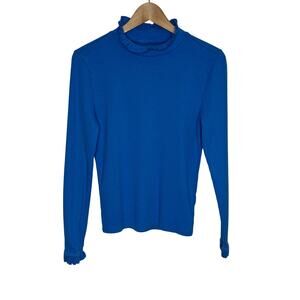 J. Crew Long Sleeve Vintage Rib Ruffle Mockneck Tee Womens Medium Blue Cotton